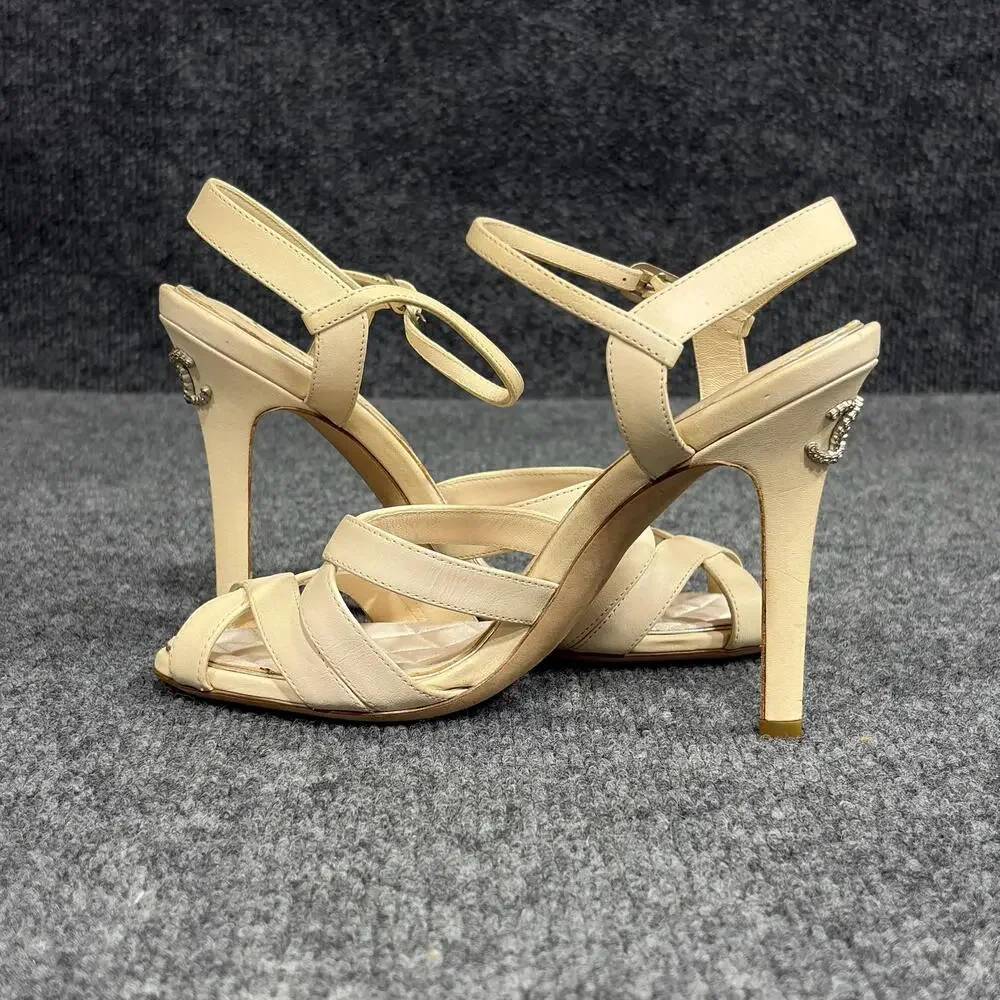 Chanel Strappy Sandals Womens 6 Beige Quilted Leather CC Logo Heels Italy